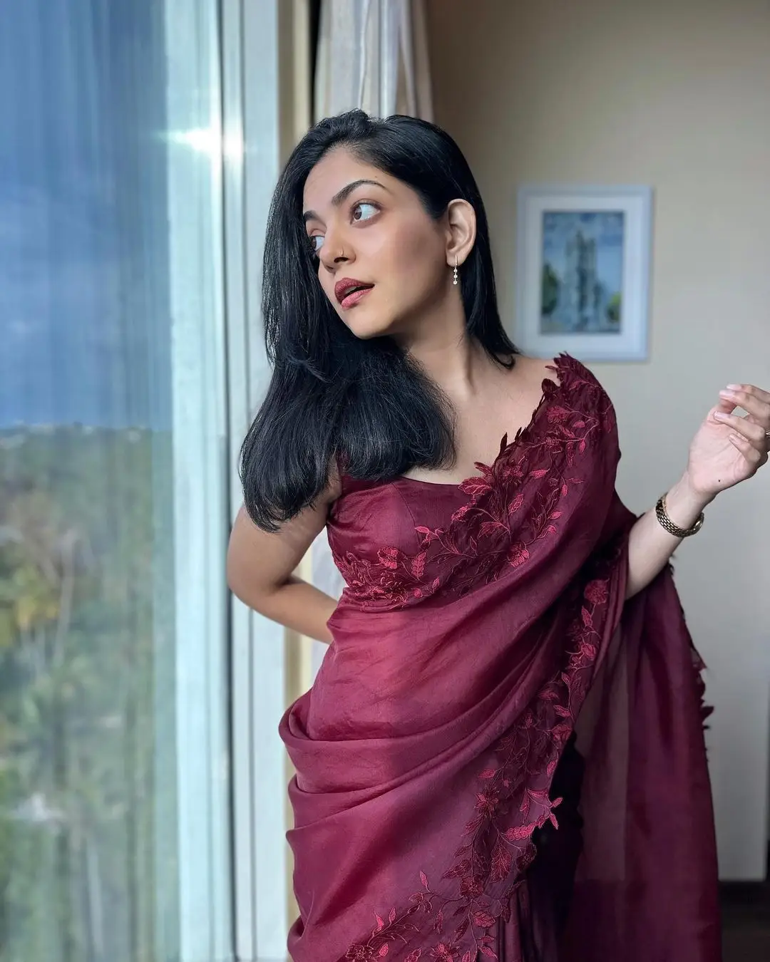 Ahaana Krishna in Maroon Saree Sleeveless Blouse